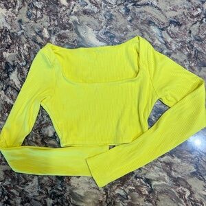 Yellow Ribbed Square-Neck Long Sleeve Crop Top - Tiger Friday